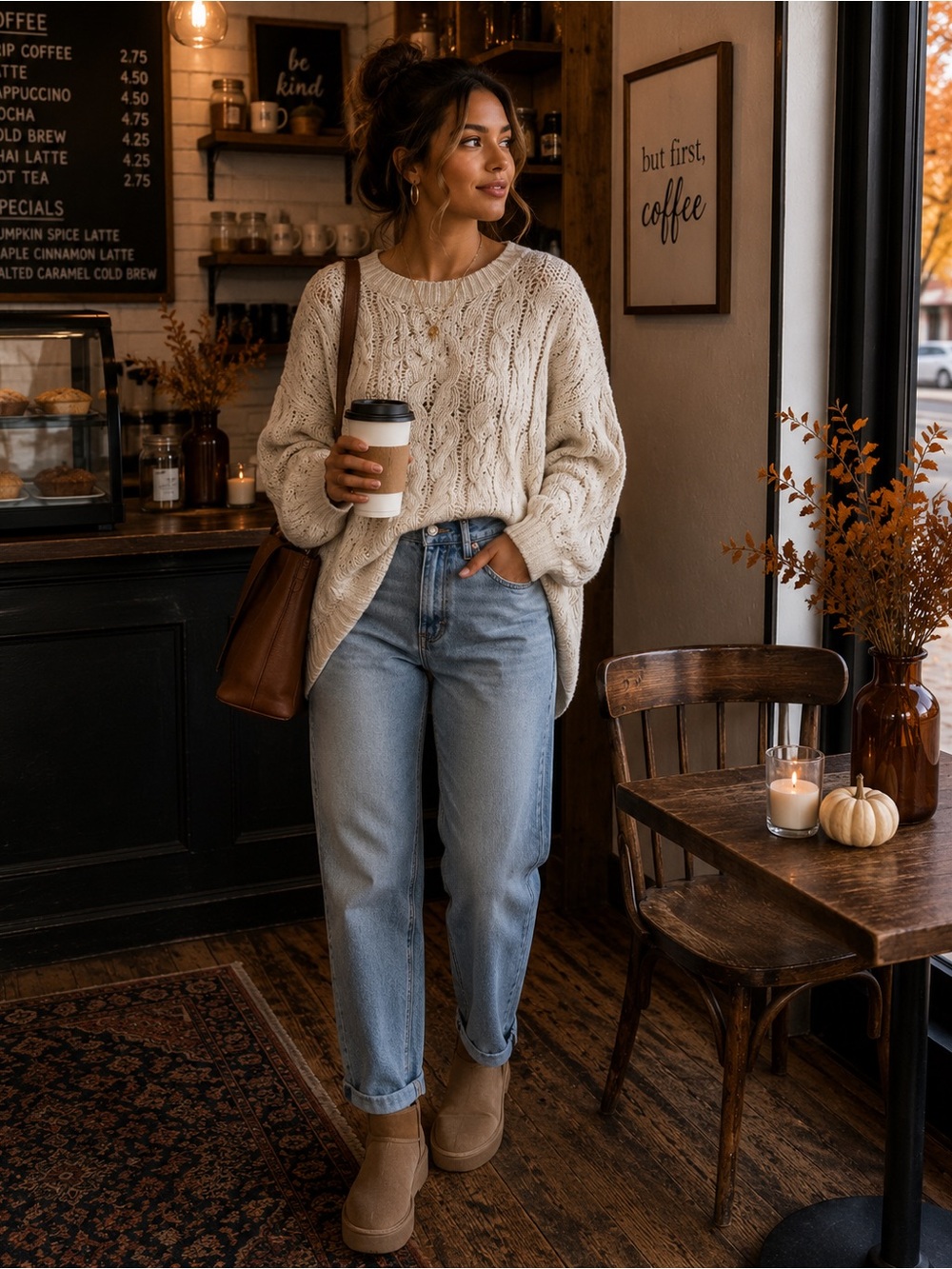 dip Beige Cable Knit Crewneck Sweater